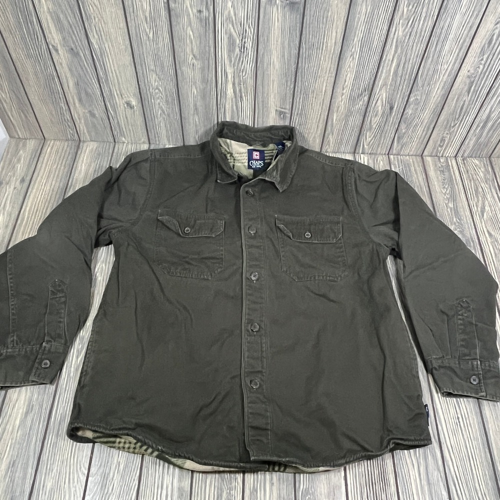 Chaps Shacket Men L Green Fleece Lined Cotton Canvas Workwear Chore Jacket